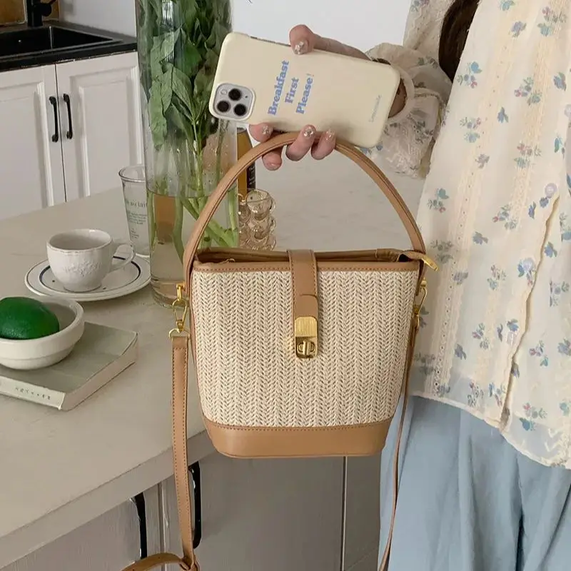 Trsyphxm 2024 novo coreano casual tecido grama saco para as mulheres 2024 novo estilo de férias moda bolsa crossbody saco balde