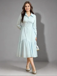 DUSHU Blue Waist Waist Dress 2025 Spring New Product Commuting Elegant Long Dress Casual Loose Women Dress 25DS81103