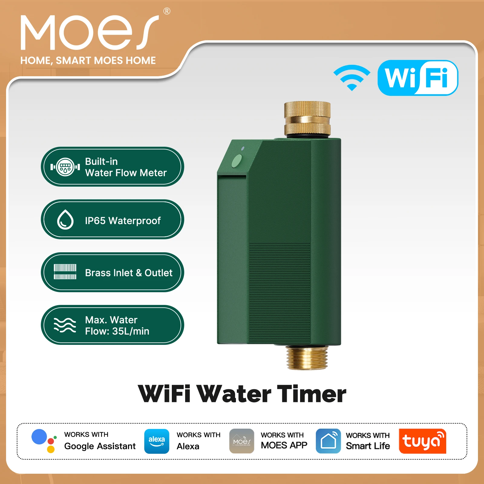 MOES Tuya WiFi Water Timer Smart Valve Controller Brass Inlet&Outlet IP65 Waterproof  APP Voice Control Work With Alexa Google
