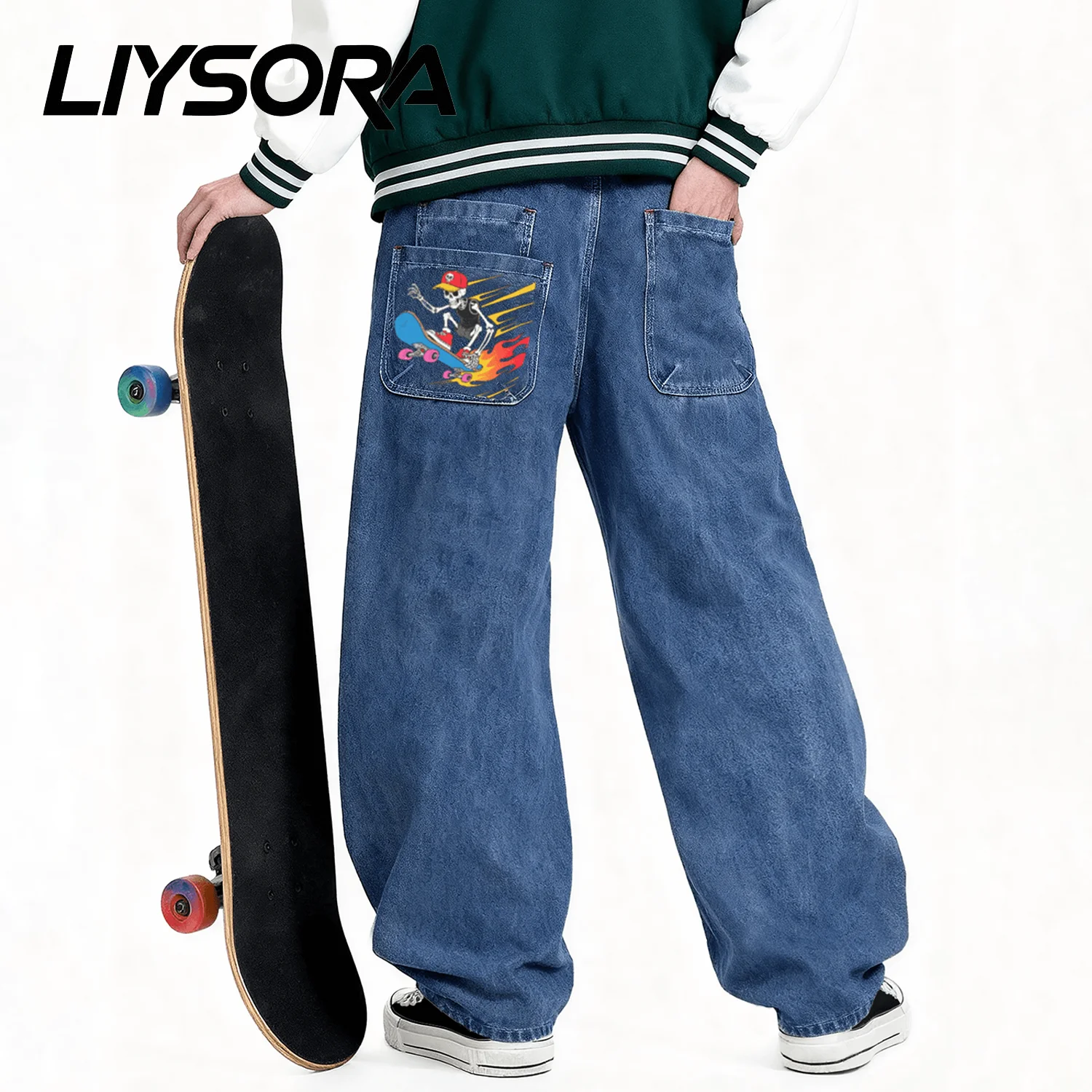 

Men's Blue Retro Casual Baggy Wide Leg Jeans Street Red Skull Printed Loose Cowboy Pants Daily Casual Versatile Pants Unisex