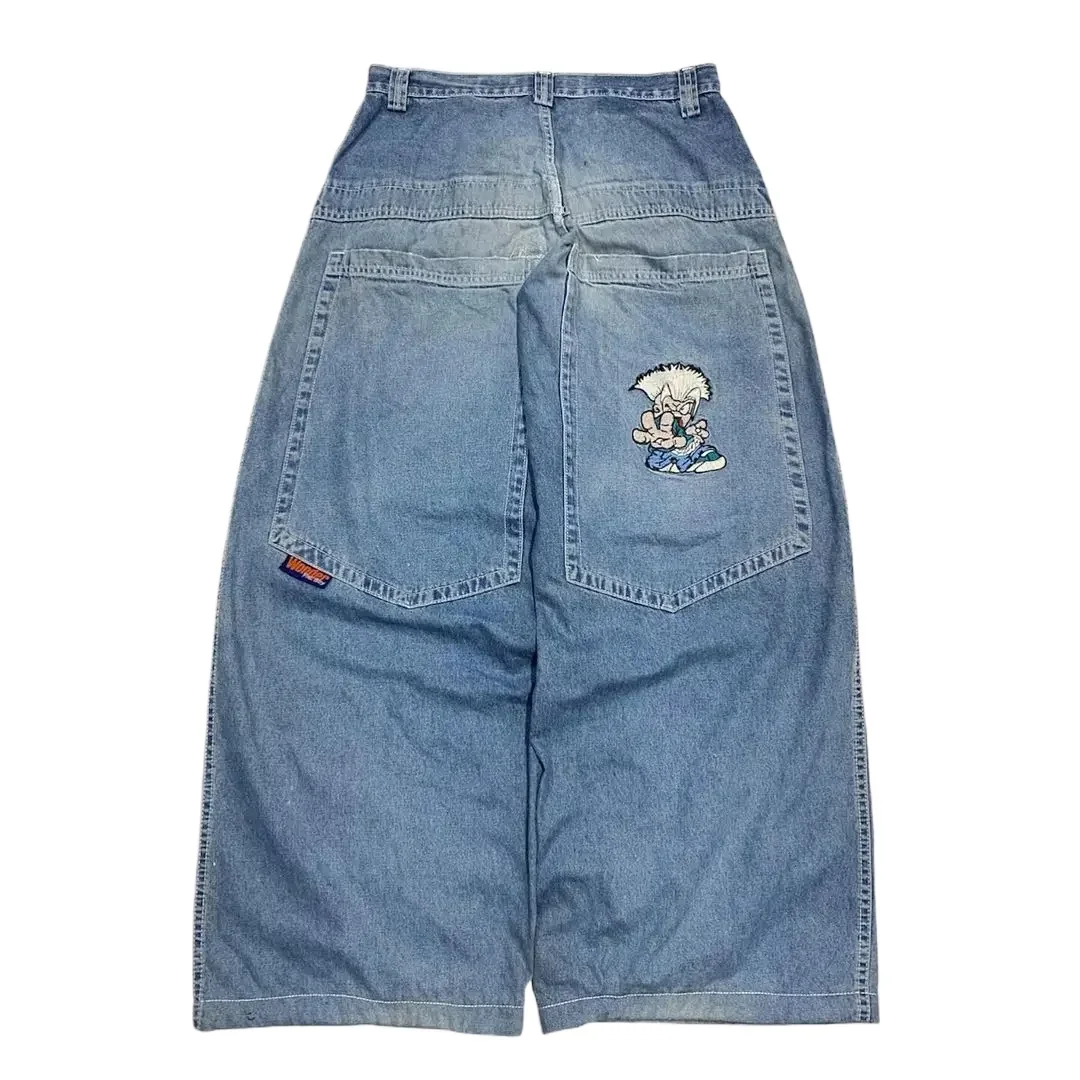 

Japanese Kawaii Cartoon Characters Embroidered Light Blue Washed Baggy Jeans Y2K Harajuku Gothic Skateboard Pants Street Clothes