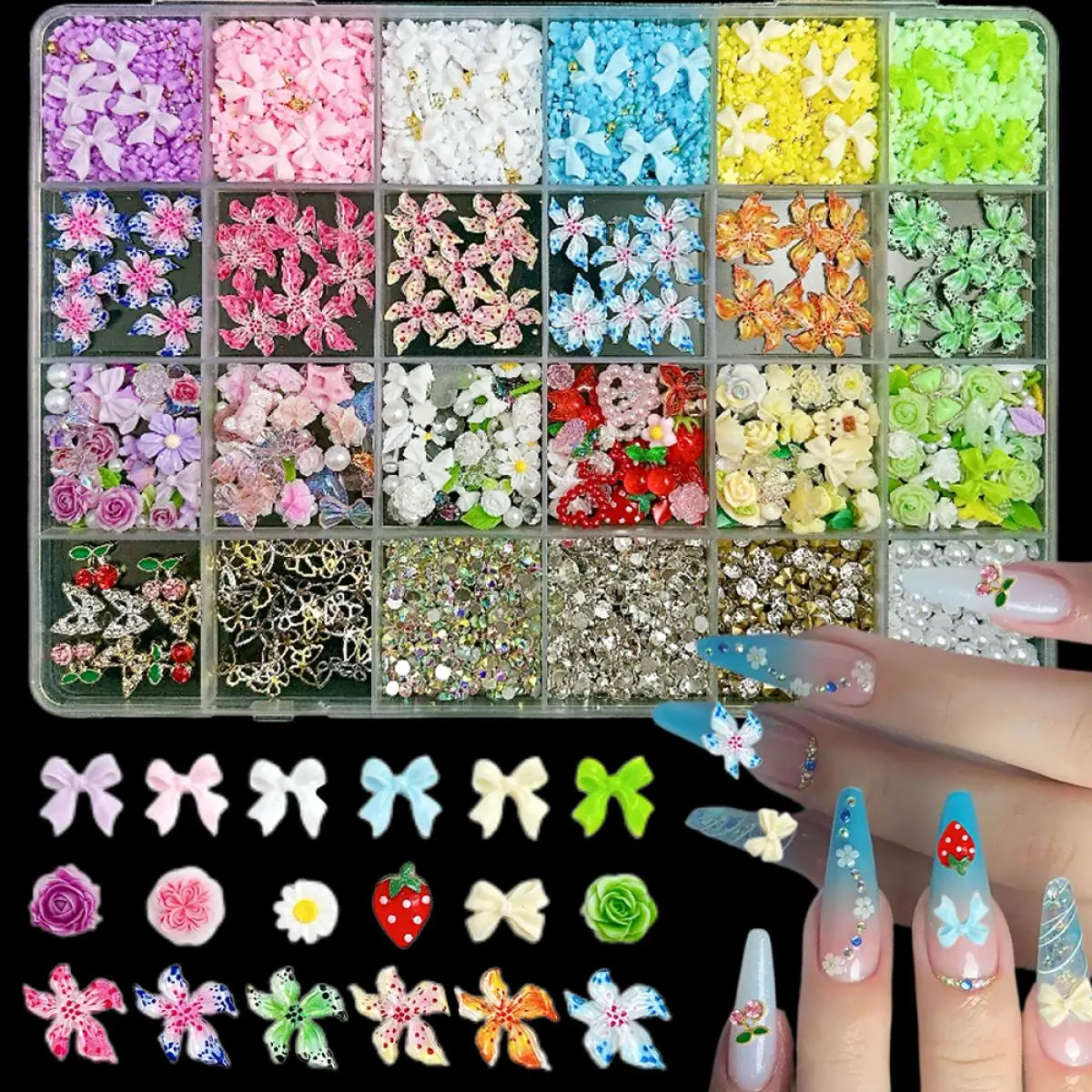 

1Box 3D Multi-colors Ribbon Bows Flower Resin Nail Charms Translucent Starfish Alloy Cherry Butterfly Nail Art Decorations DIY