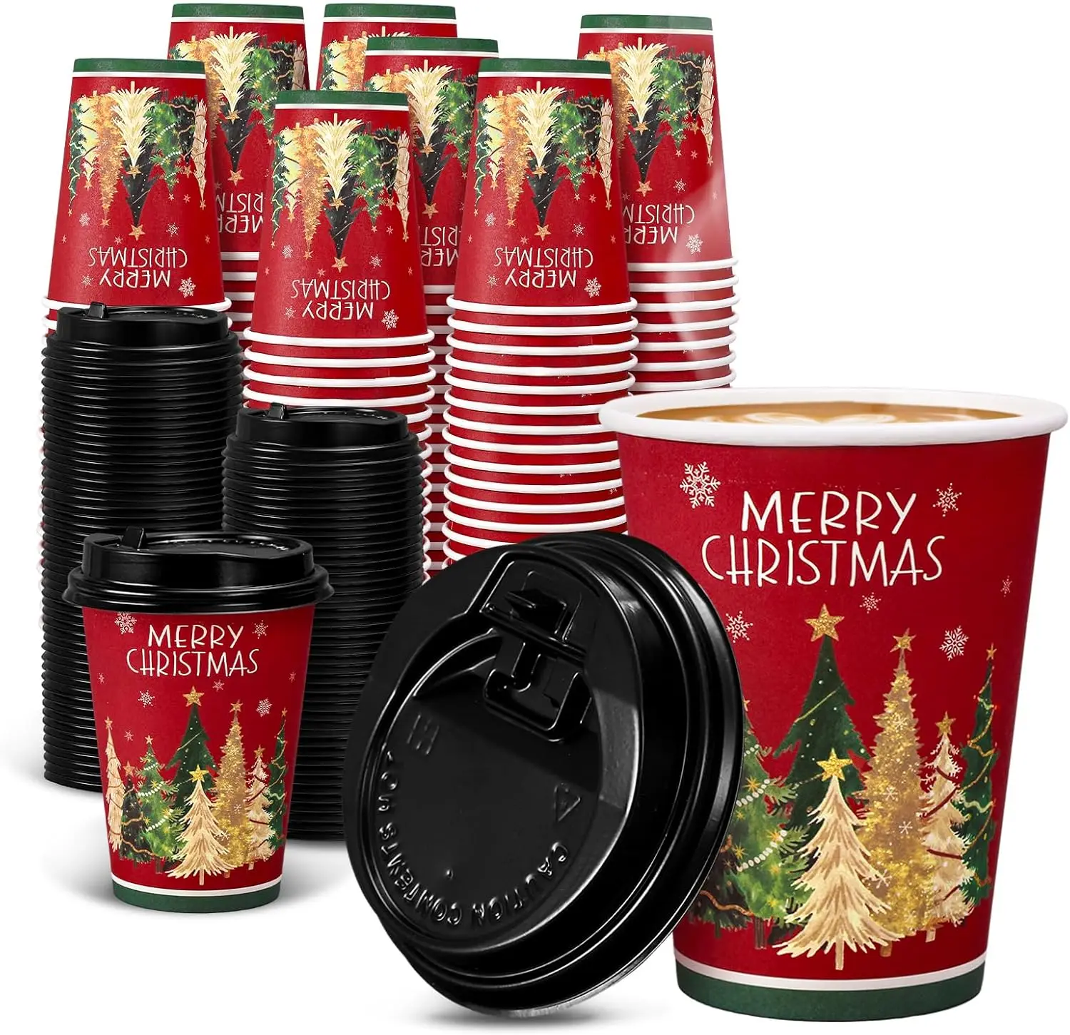 

50 Set 12Oz Merry Christmas Disposable Coffee Cups with Lids Gold Green Xmas Tree Paper Drinking Cup for Winter Holiday