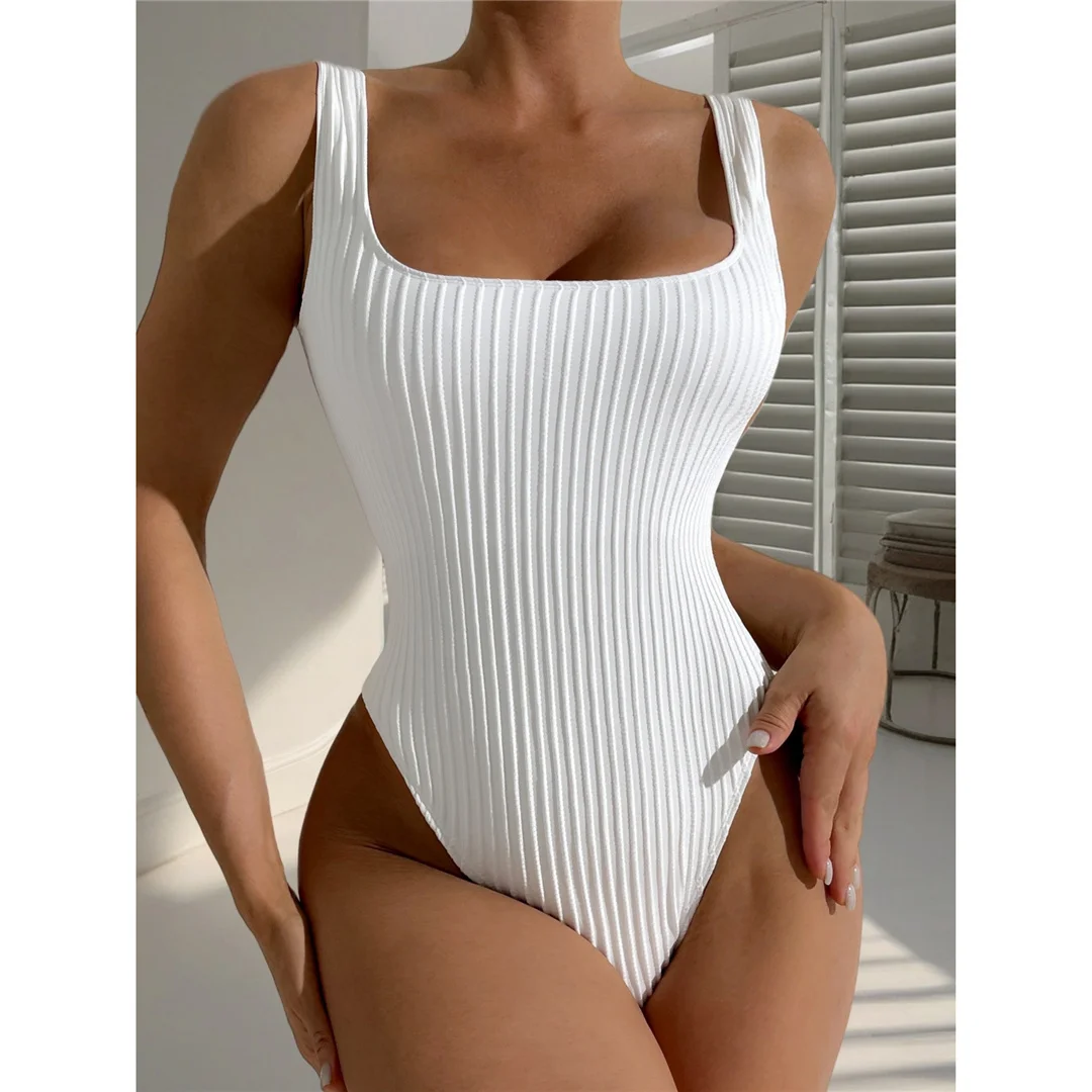 S - XL Sexy weißer, gerippter, rückenfreier Badeanzug mit Ausschnitten, Damen-Badebekleidung, Badeanzug mit hohem Beinausschnitt, Badeanzug, Modell V5889 – Detail 10