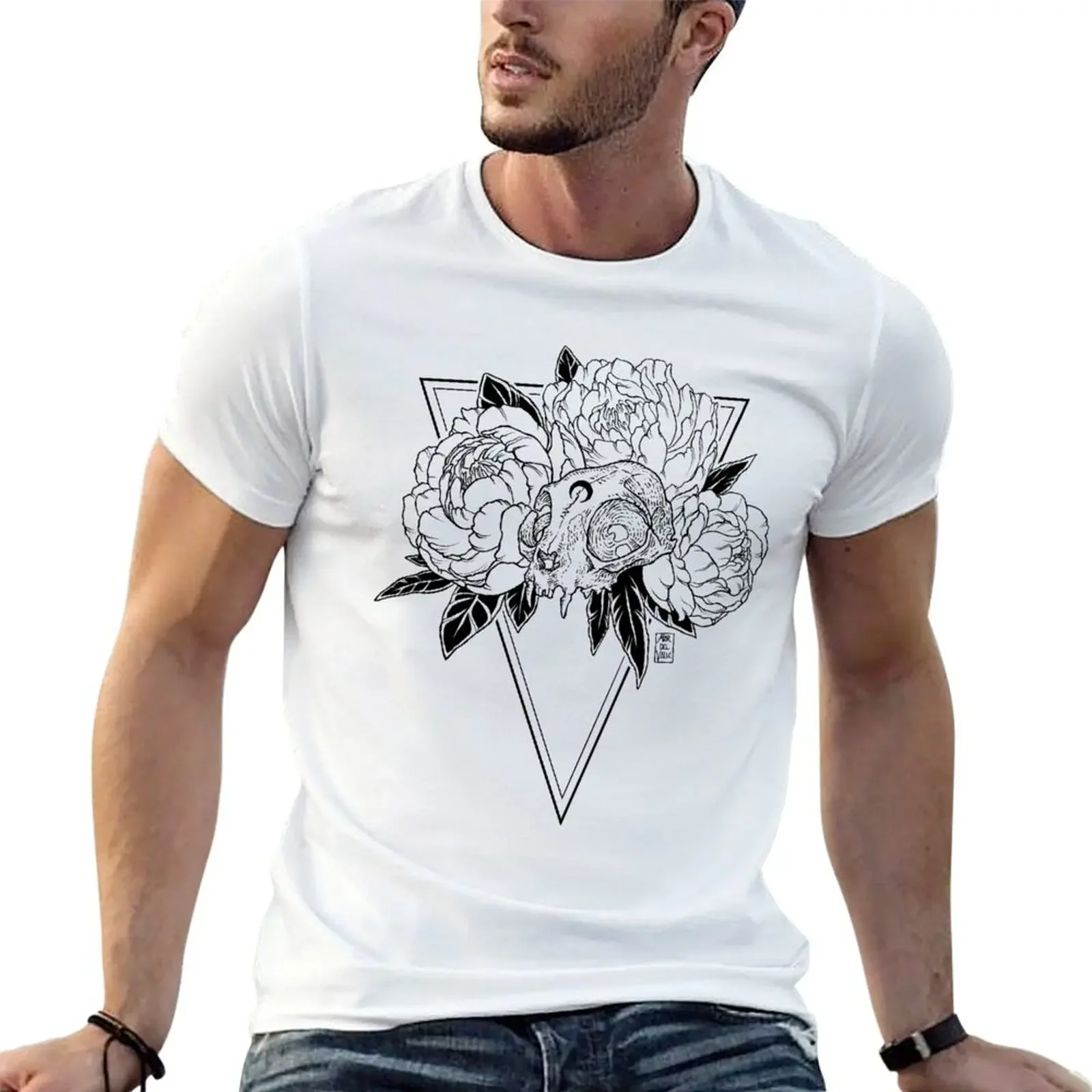 Cat Skull with Peonies - Black Line T-Shirt funny meme t-shirts customs design your own t shirts for men pack