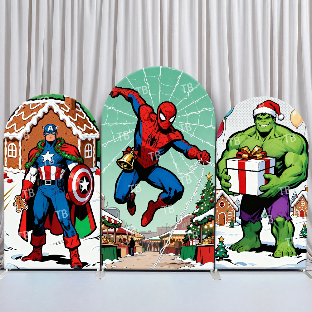 

Marvel Christmas Theme Arch Backdrop Cover America Gingerbread House Gift Bell Party Photo Booth Props for Holiday Events Decor