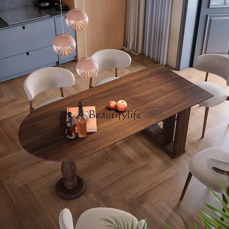 

French Retro Vintage Style Solid Wood Dining Table Oval Semi-Circular Foldable Walnut Color