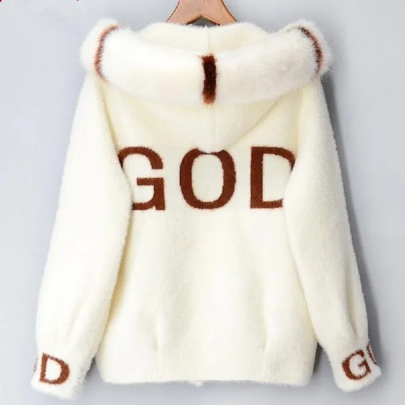 Winter Golden Mink Faux Sweater Cardigan Jacket Women's Cropped Thickened New Style Loose Fit Hooded Spring Autumn Collection Sm