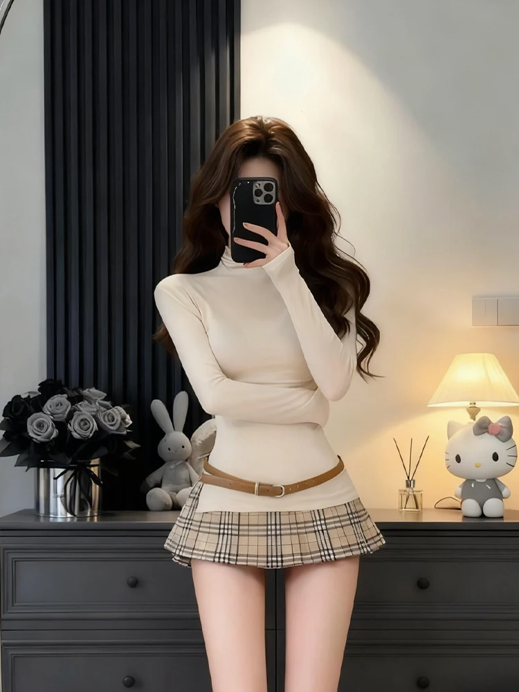 

Syj Shuyijia Korean Style Long Sleeve High Collar T-Shirt Women's Autumn Winter Slimming Short Skirt High Waist Fashion Set