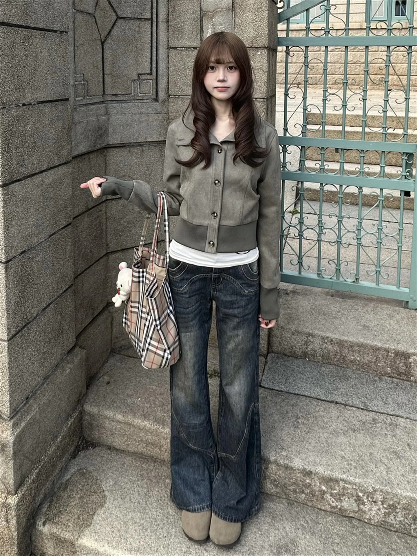 

Retro American Street Blue Flared Jeans Women's Spring Autumn Loose Slimming Casual Wide Leg Pants Non-Matching Design