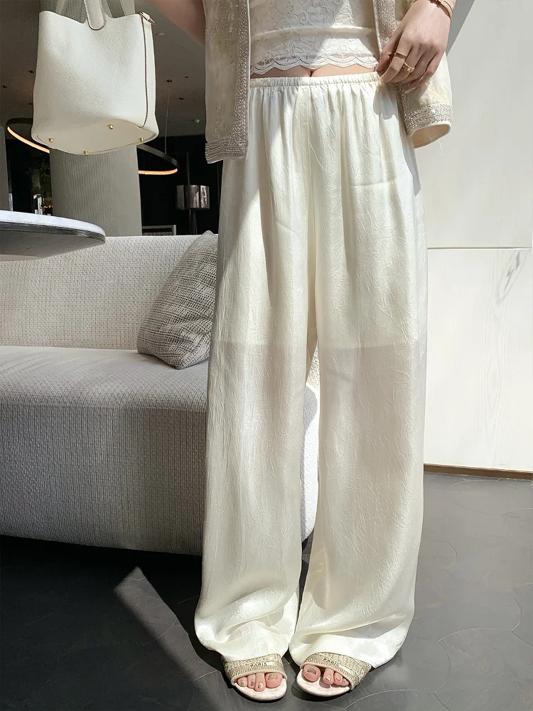 

Cchen Chencheng Wind Chime Silk S Acetate Satin Wide Leg Pants Women's Loose Floor-Length Pants Straight Cut l Waist
