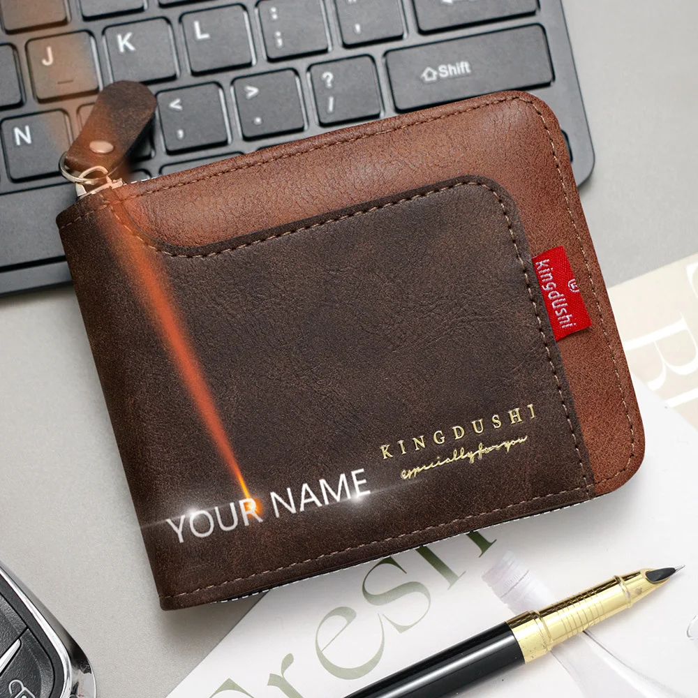 

Name Engraving New Men Short Wallet Large Capacity Zipper Coin Pocket Male Purses Credit Card Holder Luxury Brand Men's Wallet