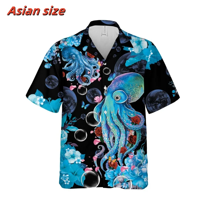 Tentacles Flower Pattern Hawaiian Shirt For Men Ship Fruit 3D Printed Blouse Summer Loose Short Sleeve Lapel Tops Aloha Shirts