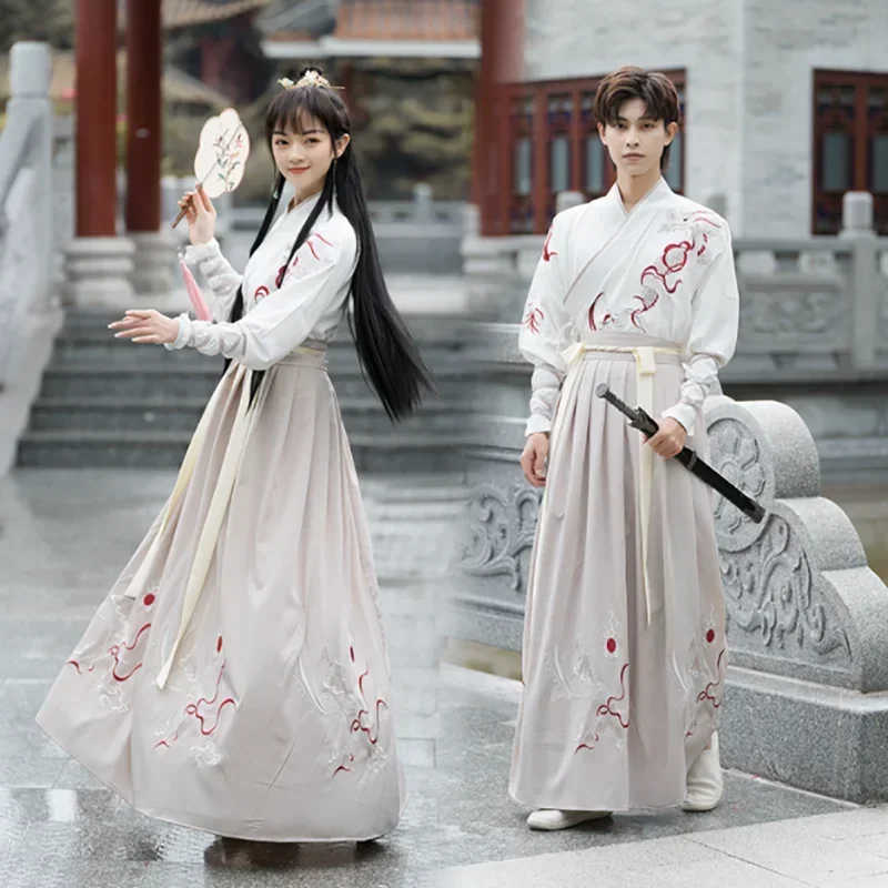 Large Size 4XL Hanfu Dress Couples Chinese Traditional Cosplay Costume 2023 Men&Women Ancient Hanfu White&Khaki 3pcs Sets