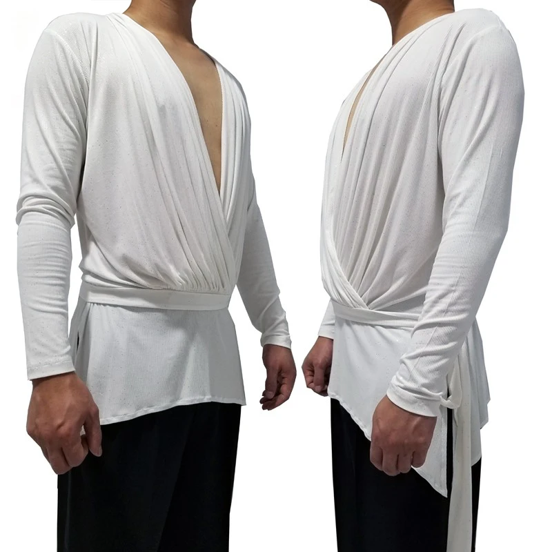 Latin Dance Top For Man Long Sleeve V-Neck Loose Top Black Training Clothes Male Rumba Ballroom Dancing Practice Wear White 5836