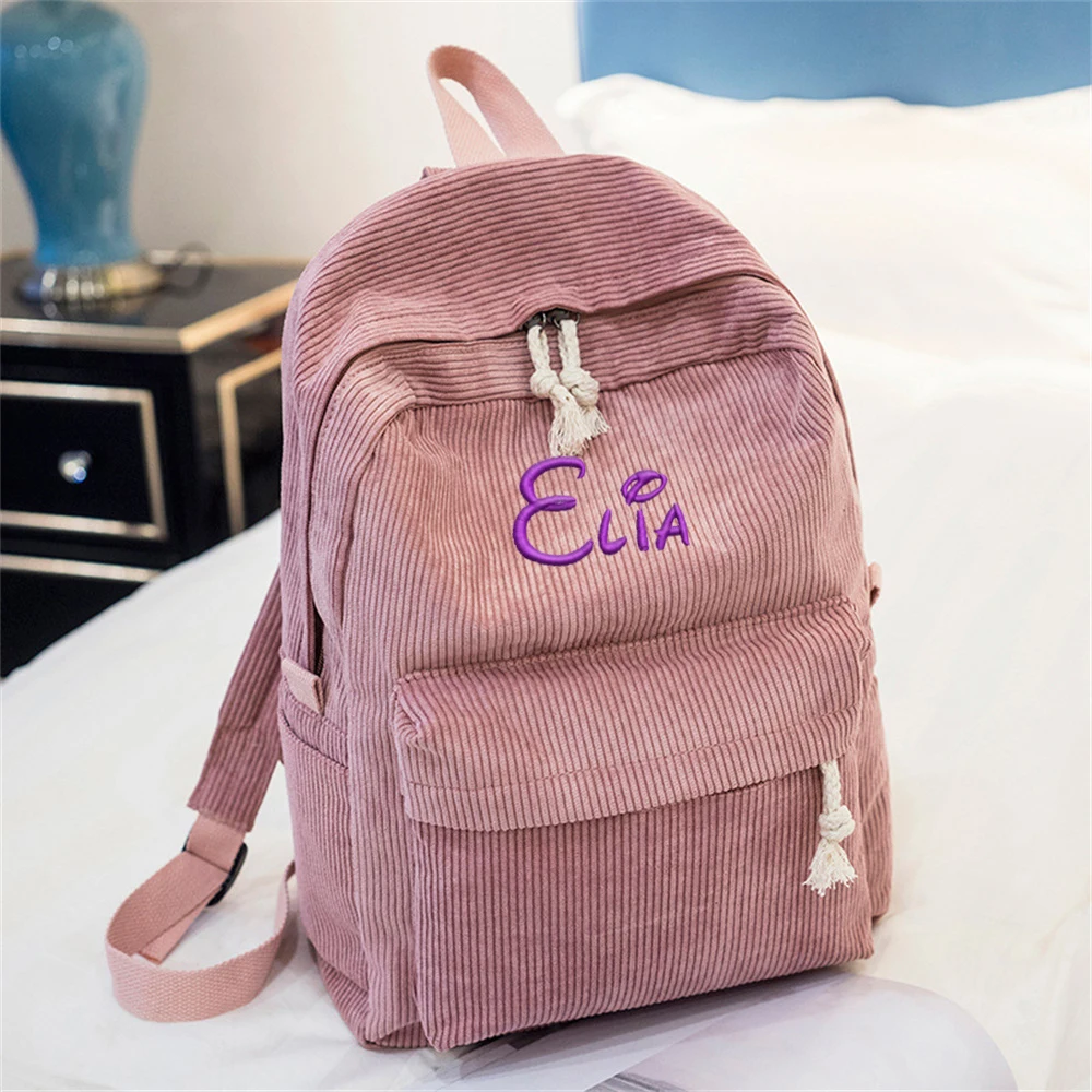 Custom Name Corduroy Middle School Schoolbag Personalize Student Simple Campus Backpack Boys Girls Outdoor Corduroy Shoulder Bag