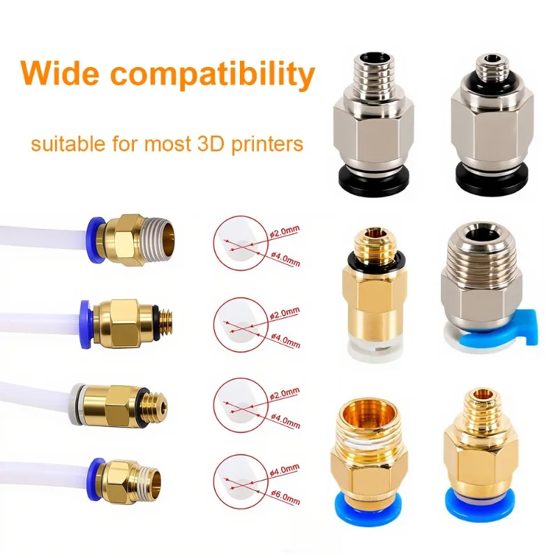 10pcs/Lot PC4-M6 Pneumatic Connector - Quick-Connect Coupler for 3D Printer Bowden/Remote Feeding, Fits 1.75/3mm PTFE Tube