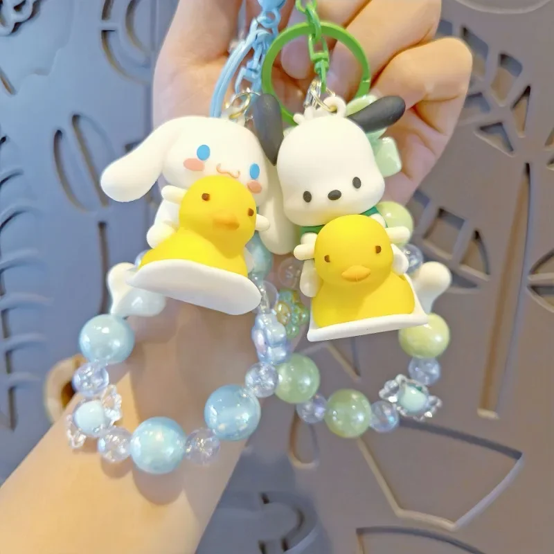 Miniso Sanrio Cartoon Rocking Duck Bead Mobile Phone Pendant Keychain Personalized Backpack Pendant Car Key Chains Cute Keyring