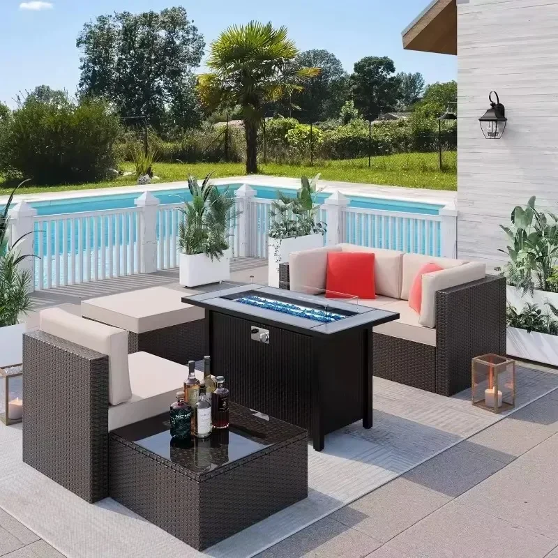 Patio Sectional Sofa Table and Chairs Set Patio Furniture Sets Fire Pit Table Outdoor Conversation Gas Fire Pit Rattan Furniture