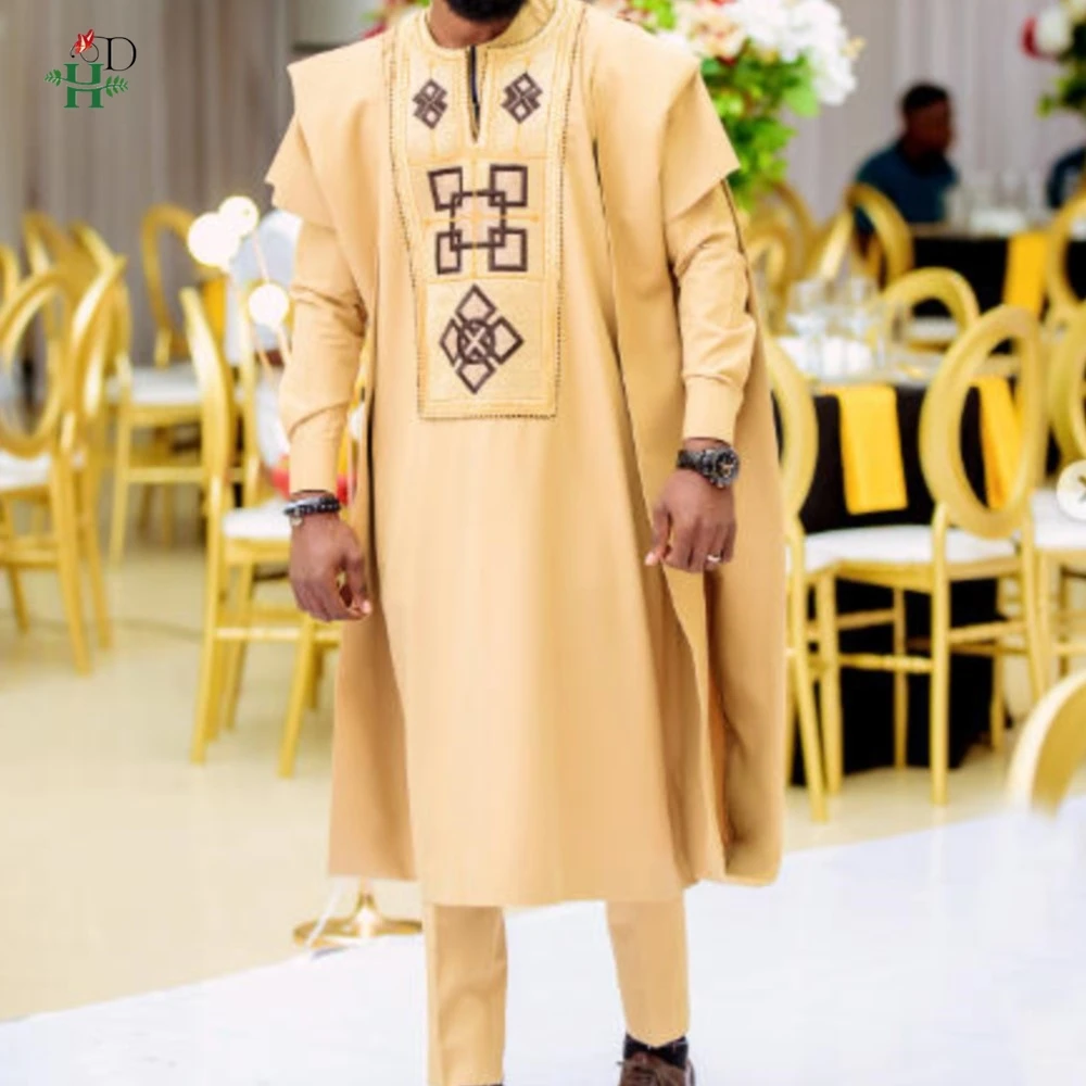 

H&D свадебное платье African Clothing For Man Traditional Agbada Sets костюм тройка Shirt Pant Embroidery Wedding Party Suits