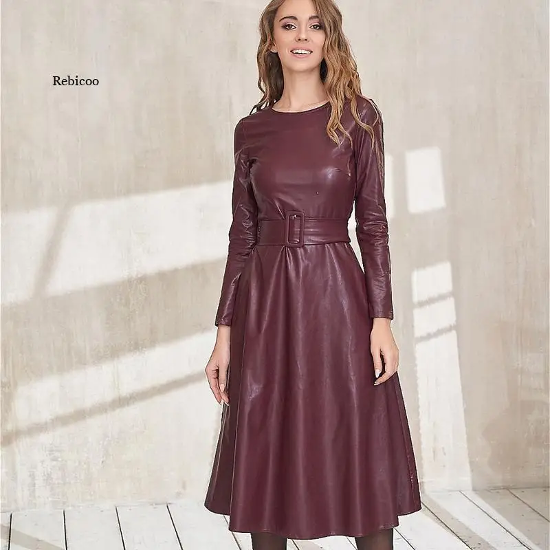 

Fashion Belt Faux Leather Dresses Women Long Sleeve Slim Fit PU Dress Sexy Club Wear New Arrival 2021 Autumn Winter