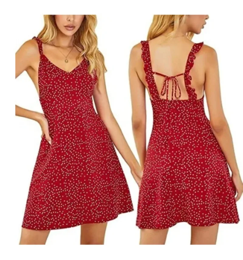 Polka Dot Back Strap Wave Shoulder Strap Dress