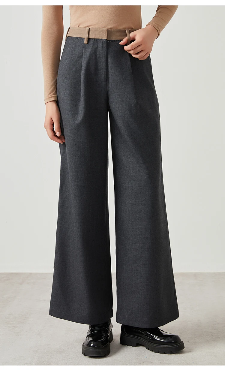K2546W Damen-Hose mit weitem Bein, Wollmischung, hoher Taille, vorne plissiert, lange, taillierte Hose für Büro und Arbeit – Detail 8