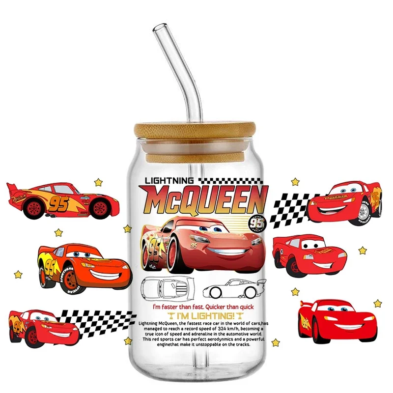 

Miniso Disney Cartoon Cars Pattern 16oz Glass Cup Wrap Easy to paste UV DTF Transfer Sticker Waterproof Transfers Decals