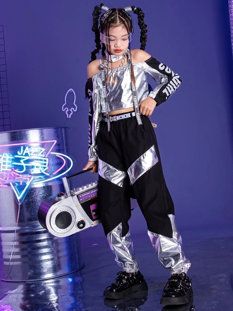 2023 Silver Hip Hop Street Dance Performance Costume Kpop Clothing Tops Pants Jazz Dancing Outfit Cheerleading Clothes YS5251