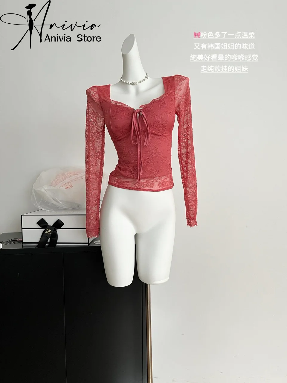 2024 New Women\'s Spring and Autumn Sexy Red Lace Tied Waist Long sleeved Design Top Y2K Elegant and Elegant V-neck T-shirt