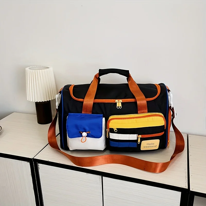 

Модная сумка для фитнеса через плечо большой вместимости с цветными блоками — легкая, прочная дорожная сумка из полиэстера с регулируемым плечом