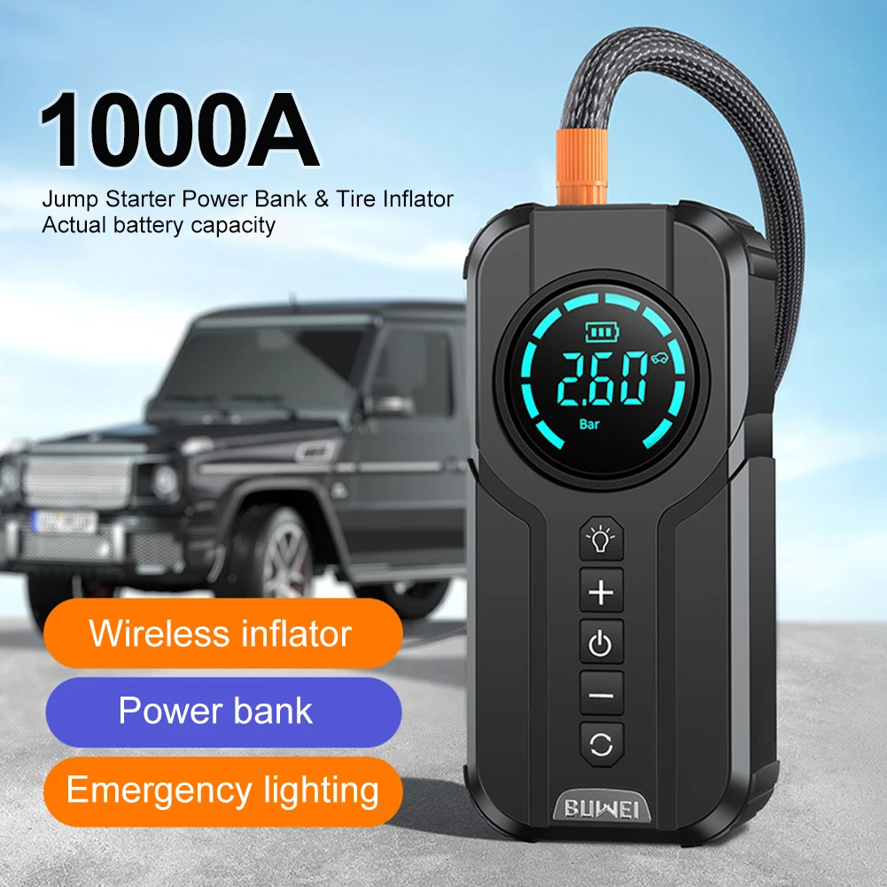 

1000A Portable Car Jump Starter Power Bank with Tire Inflator Air Pump Air Compressor Battery Booster with EVA Storage Bag LED