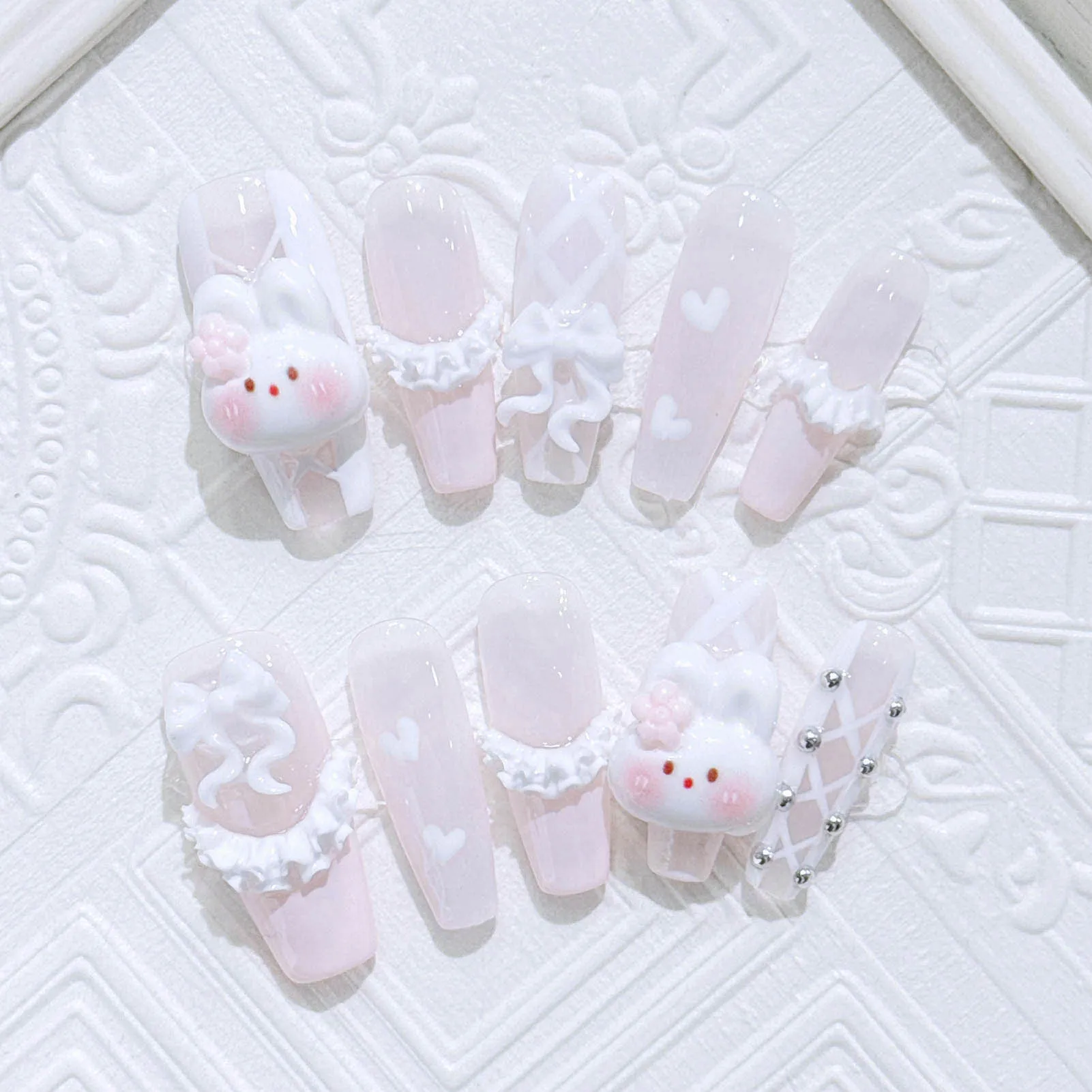 10pcs Cute Rabbit Long Press on Acyrlic Nails Handmade Fake Nails Ballerina Charming y2k Nail Coffin 3D French False Nails Decor