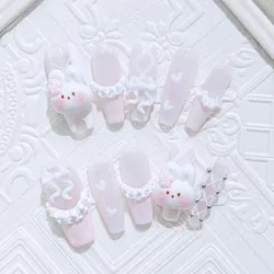 10pcs Cute Rabbit Long Press on Acyrlic Nails Handmade Fake Nails Ballerina Charming y2k Nail Coffin 3D French False Nails Decor