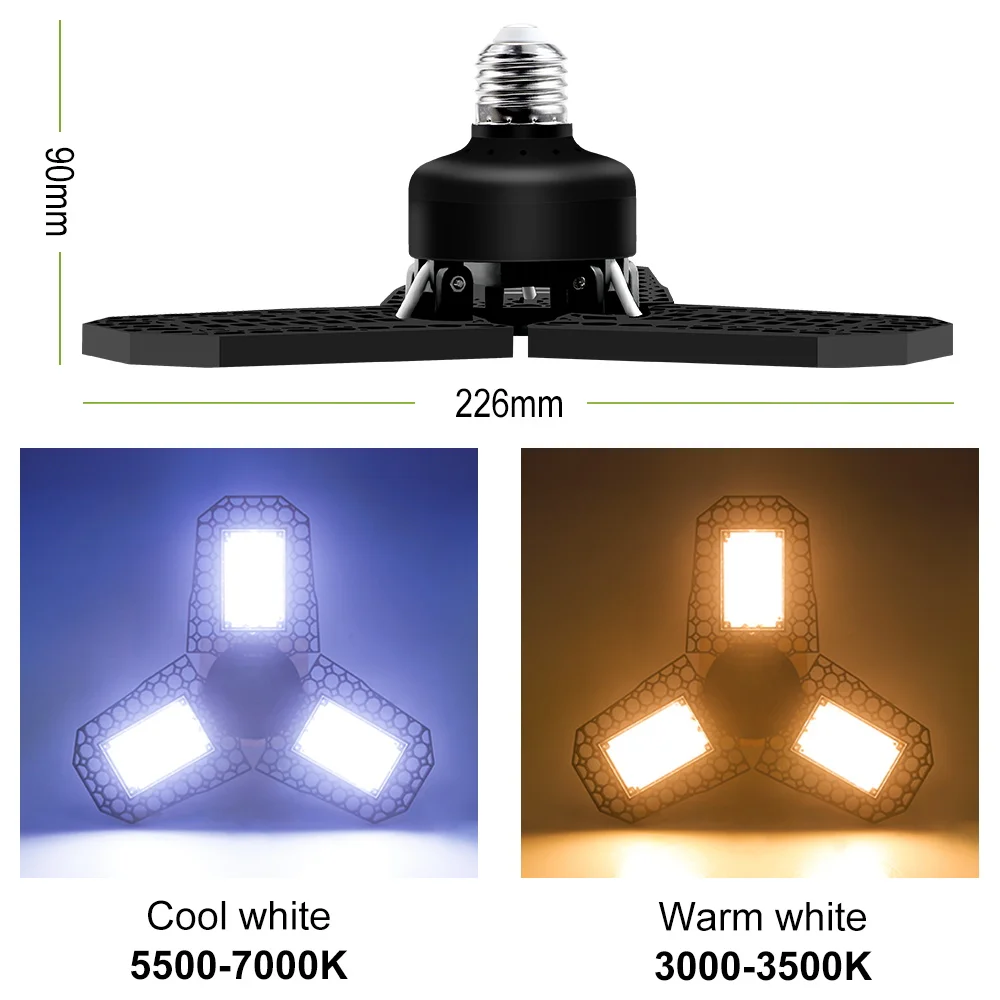 80W Deformable LED Garage Light E26/E27 Ceiling Lamp Adjustable Panels Workshop Lamps Storehouse Parking Lot Large Area Lighting