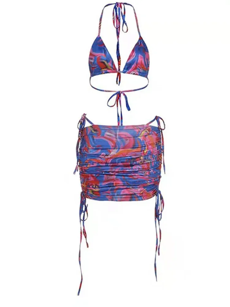Seksowne bikini tie-dye, spódniczki, 3-częściowy zestaw damski, dzielony strój kąpielowy, odkryte plecy, sznurowane bikini w stylu wakacyjnym, nowy zestaw bikini na lato 2024