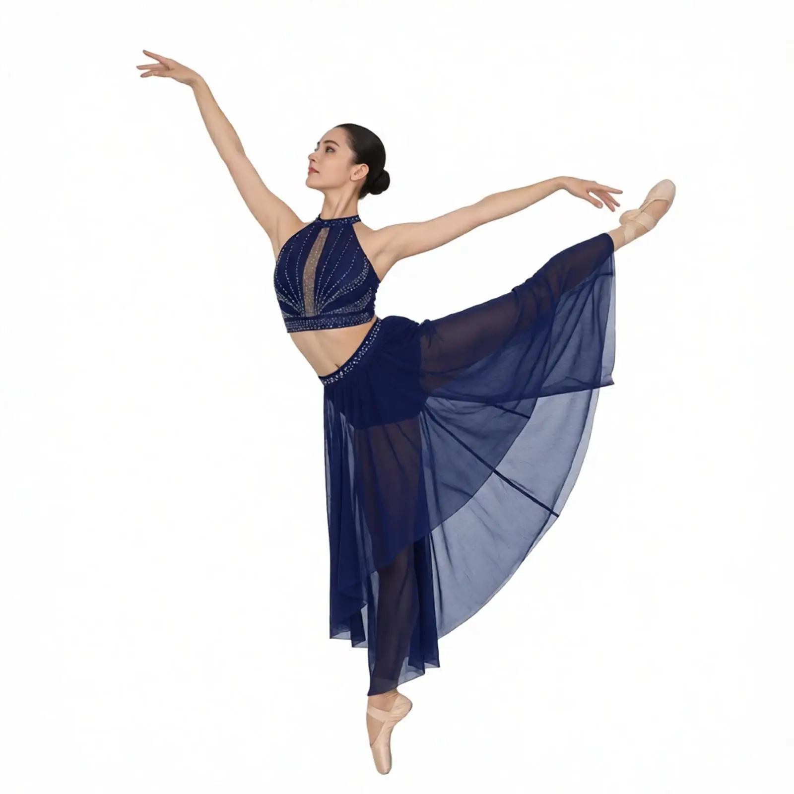 Women  Rhinestones Modern Lyrical Dance Costume Crop Tops Sheer Mesh Built-in Briefs Pants Dancewear Skating Gymnastics Costume