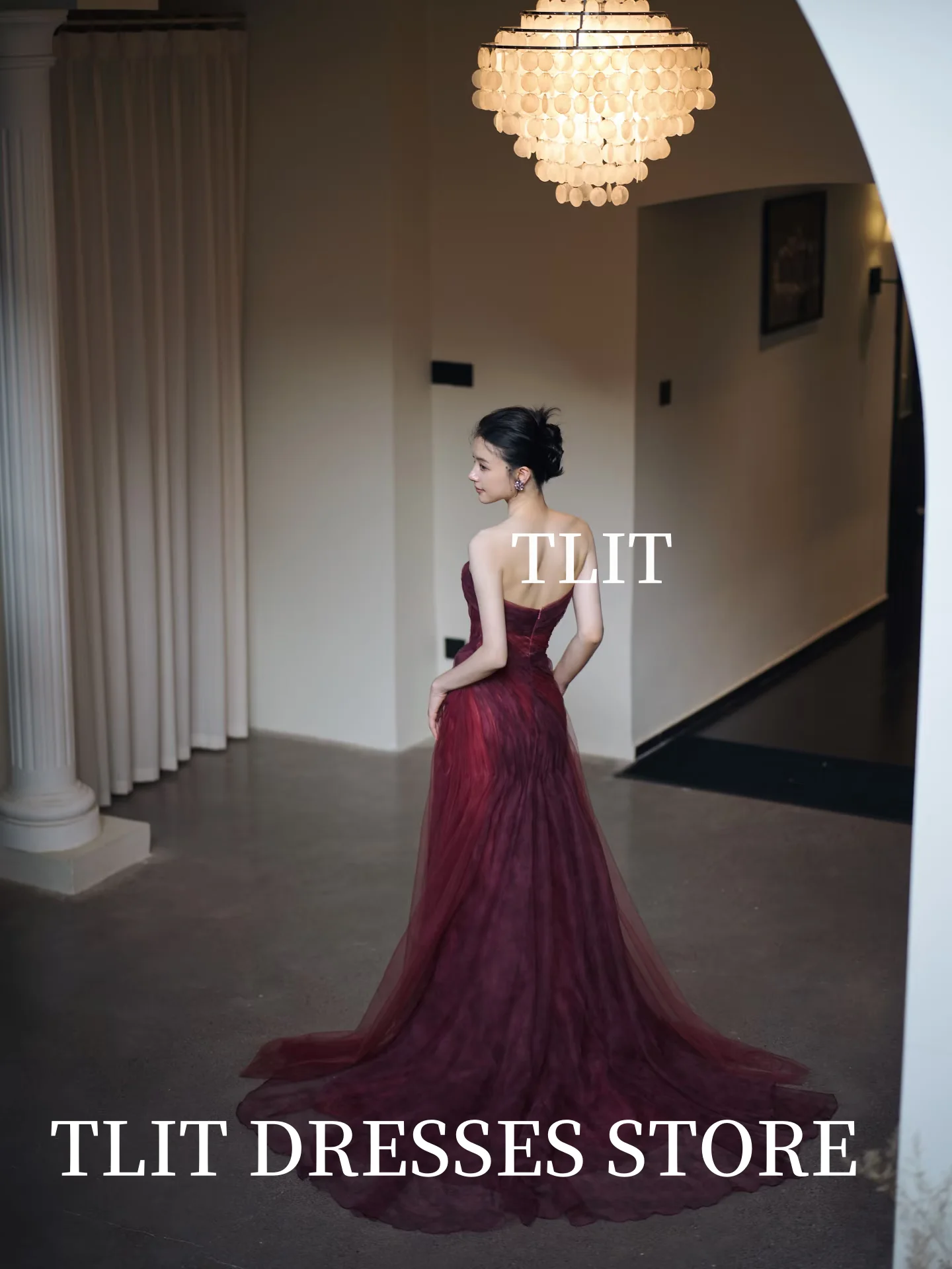 TLIT ง่ายไวน์แดง Tulle ชุดราตรีที่กําหนดเอง เกาหลีชุดแต่งงานถ่ายภาพ Strapless Sweep Train Gowns