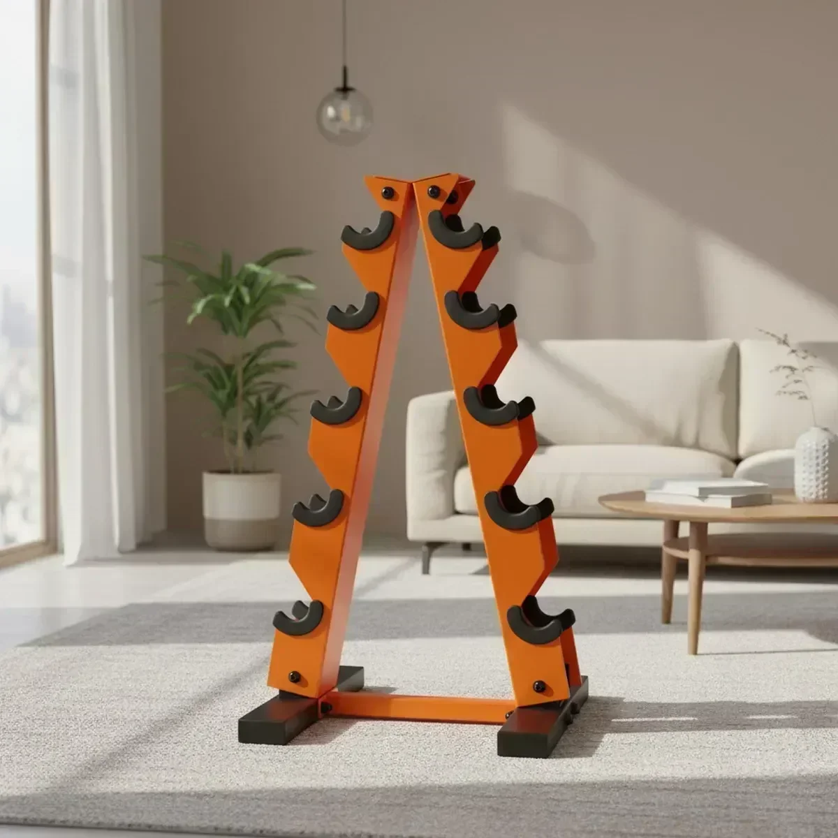 Hex Dumbbell Rack Orange 150lb Capacity Vertical Storage 5 Pair Space Saving