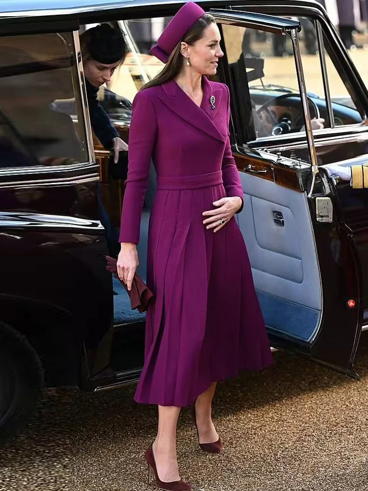 Kate Middleton Princess Runway Spring Autumn Ladies New High Quality Vintage Party Purple Vintage Elegant Long Sleeve Midi Dress