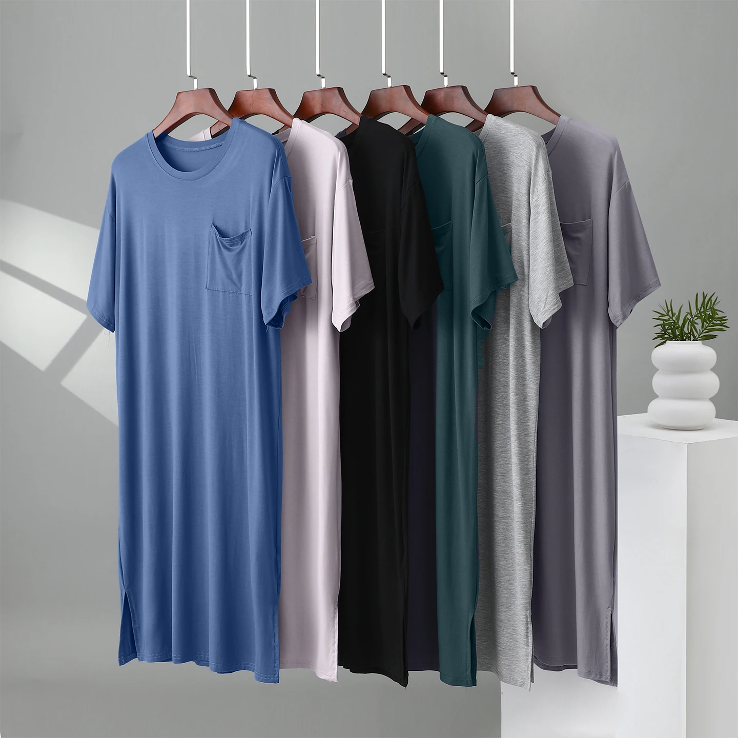 Men's Modal Sleepwear Summer Lightweight Short Sleeve Long Jumpsuit Nightgown Thin Home Clothes Bath Robe Morning Robe