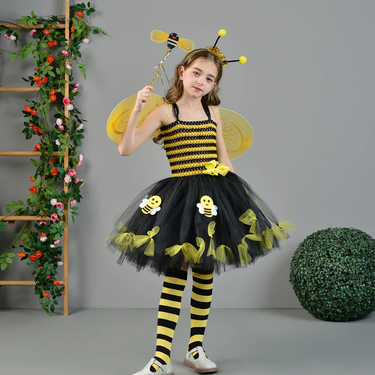 odgrywanie ról Sukienka pszczół w paski zwierząt, kostium na występy owadów, puszysta spódnica na Halloween, grupa zdjęć dla dziewcząt, sukienka karnawałowa