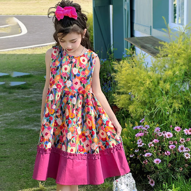 Dresses For Girls Sleeveless Floral Print Summer Sundress Casual Everyday Ruffle Kids Clothes Colorful Flower Dress 6-12 Years
