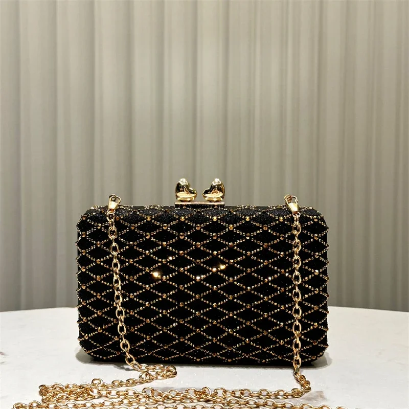 Black Gold Rhinestone Embellished Clutch Purse Argyle Beadings Gold Frame Evening Bag Shiny Weddings Parties Hard Case Handbags