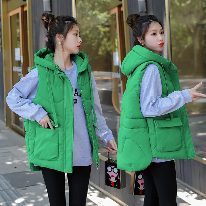 

New Women Winter Warm Cotton Padded Puffer Vests Sleeveless Parkas Short Jacket Hooded Overcoat Female Waistcoat Chaleco Mujer