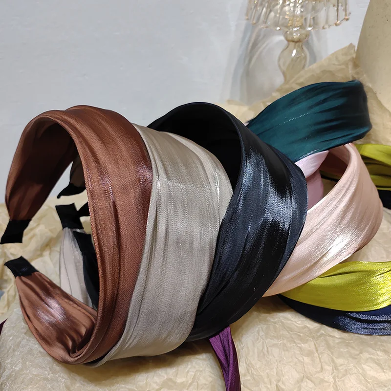 Vintage Flow Bright Satin Hair Hoop Headdress for Women Fashion Elegant Temperament Colorful Wide Headband Hair Accessories