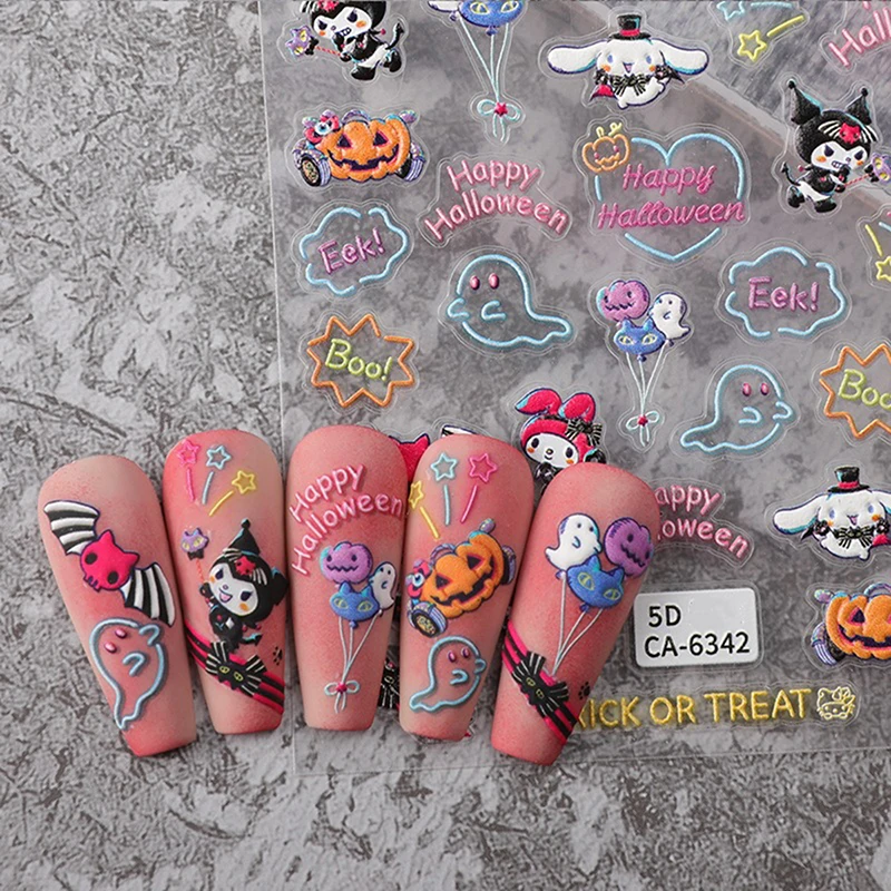 5D Halloween Sanrio Hello Kitty Kuromi Melody Pochacco Cinnamoroll Pumpkin Relief Nail Stickers Nail Art DIY Decoration