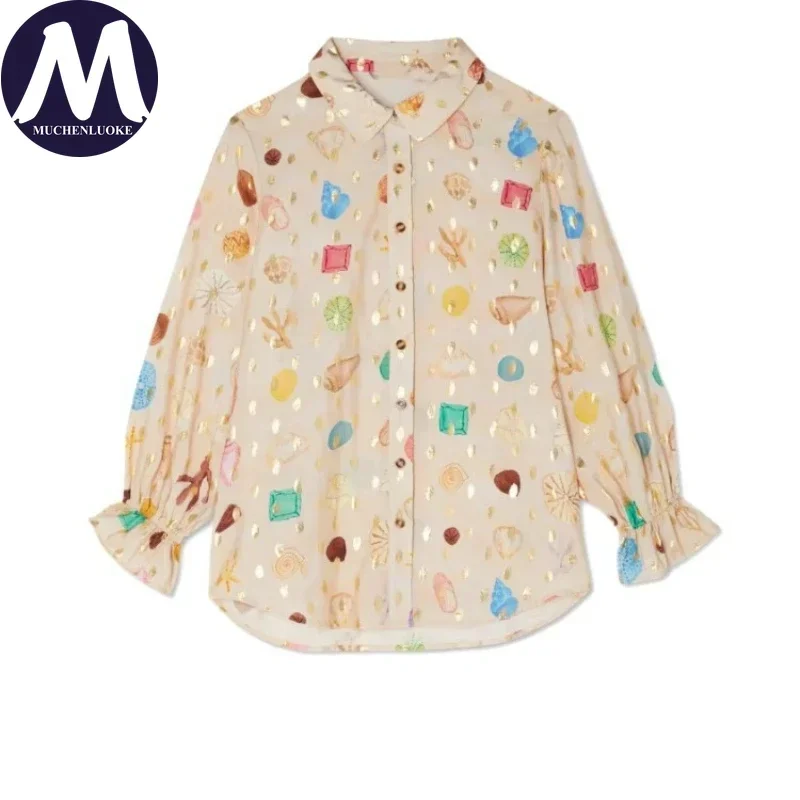 Conjunto de 2 piezas para mujer, novedad de verano, elegante estampado, manga larga, cuello, camisa colgante, Tops, trajes, conjuntos cortos sueltos informales a la moda