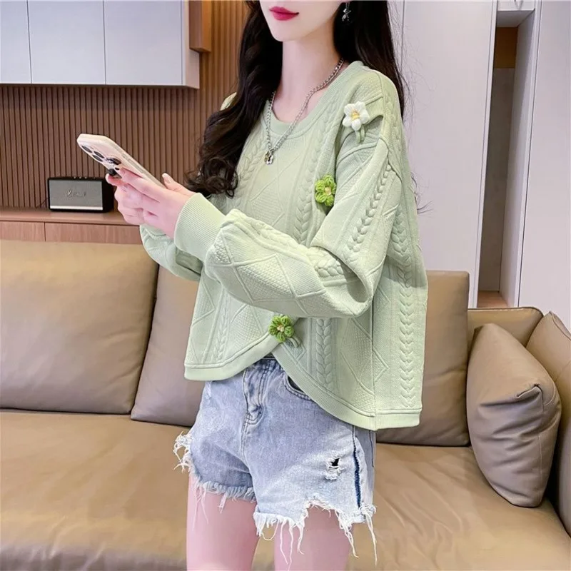 Short Sweatshirt for Women in Spring and Autumn New Design Loose Large Size Slimming Versatile Round Neck Pullover Top Trendy