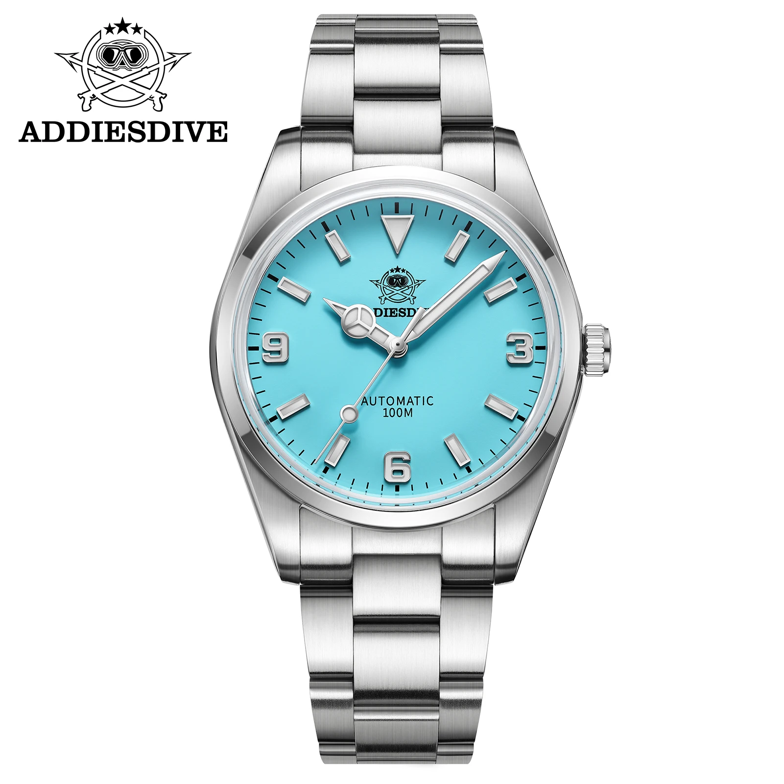 

ADDIESDIVE Explorer Men's Watch 38mm Sapphire Bubble Mirror Pot Cover Glass BGW9 Super Luminous 100m Diver Stainless Steel Watch